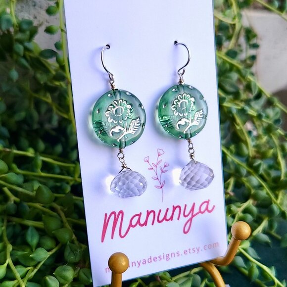 Dangle Flower Earrings - Blue, Green, Purple - Picture 2 of 13